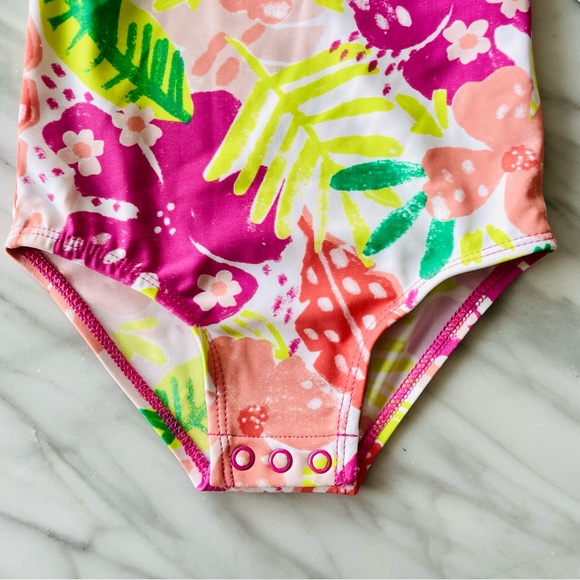 Carter’s•NWT•12m•1-Piece Floral Swimsuit•Ruffled Front+Straps~Bow•Diaper Snaps - Picture 6 of 12
